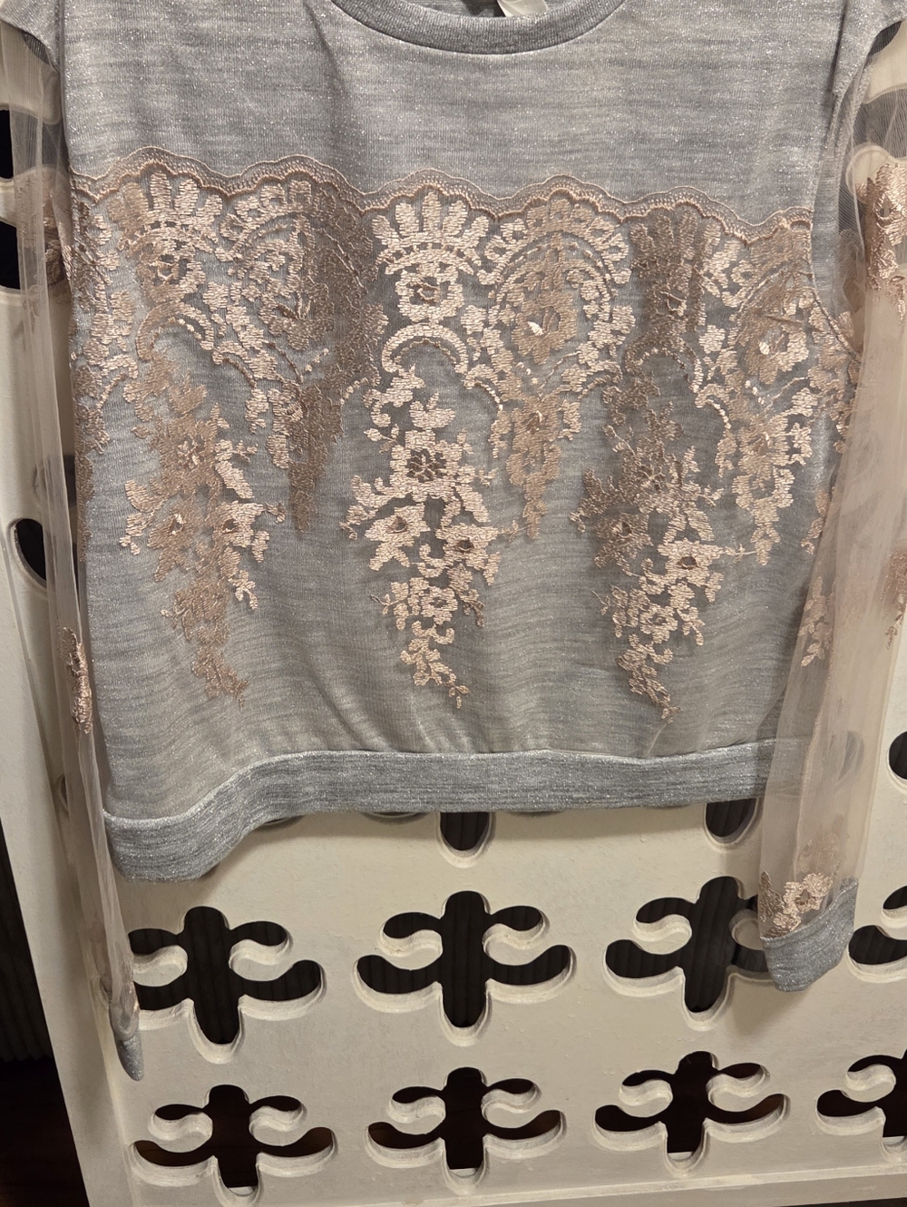H&M Gray Pullover with Rose Gold Lace Applique